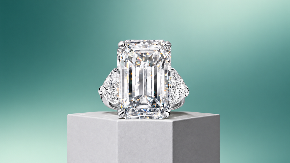 An emerald-cut diamond ring on a pedestal