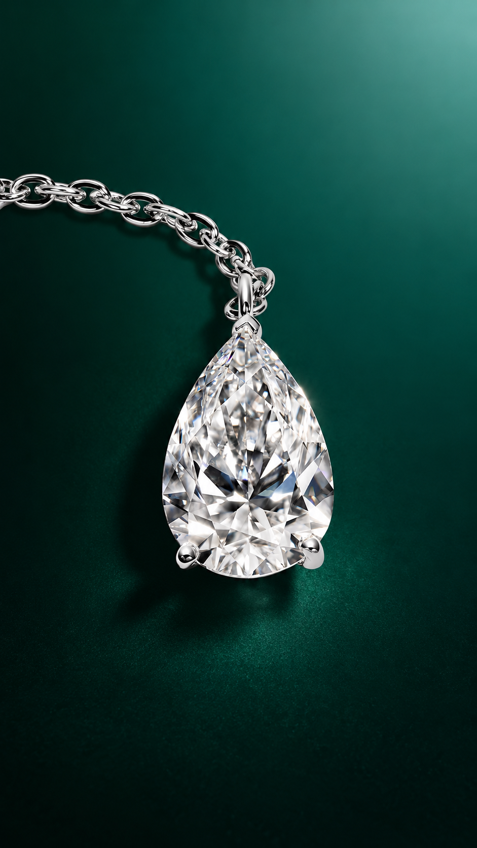 A pear-cut diamond pendant against a deep green background